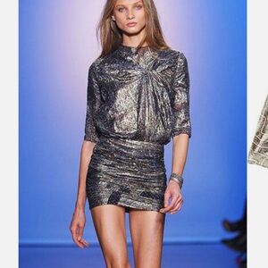 ISABEL MARANT ÉTOILE Mini Dress size 8 Silver&Gold Ruched Abstract Floral Metal